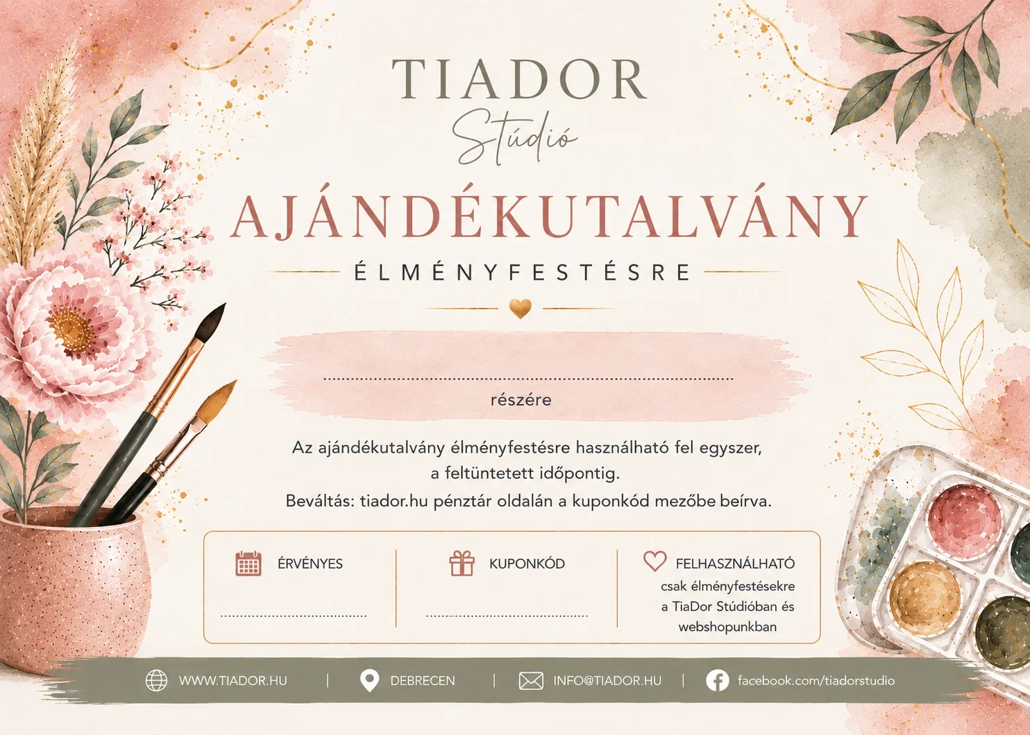 ajandekutalvany-elmenyfestes TiaDor Stúdió ajándékutalvány élményfestésre, kitölthető kuponkóddal és érvényességi dátummal